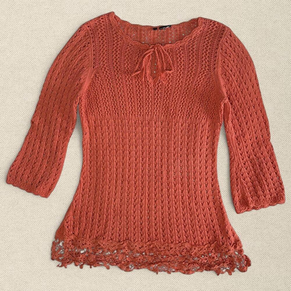 Y2K Crochet Top 3/4 Sleeves Coral Lace Trim sz S